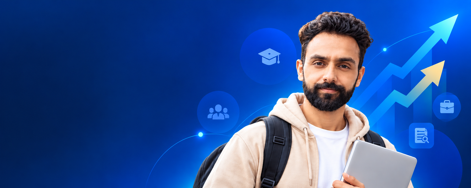 Student exploring career options, with an upward growth-arrow graphic