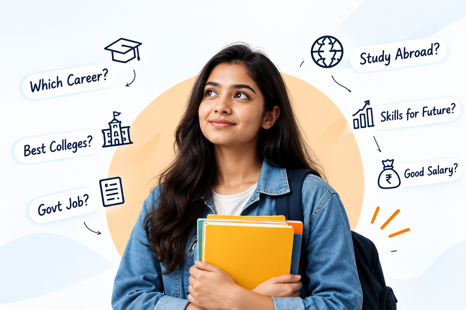 Student exploring career options — which career, best colleges, govt job, skills for future, good salary, study abroad